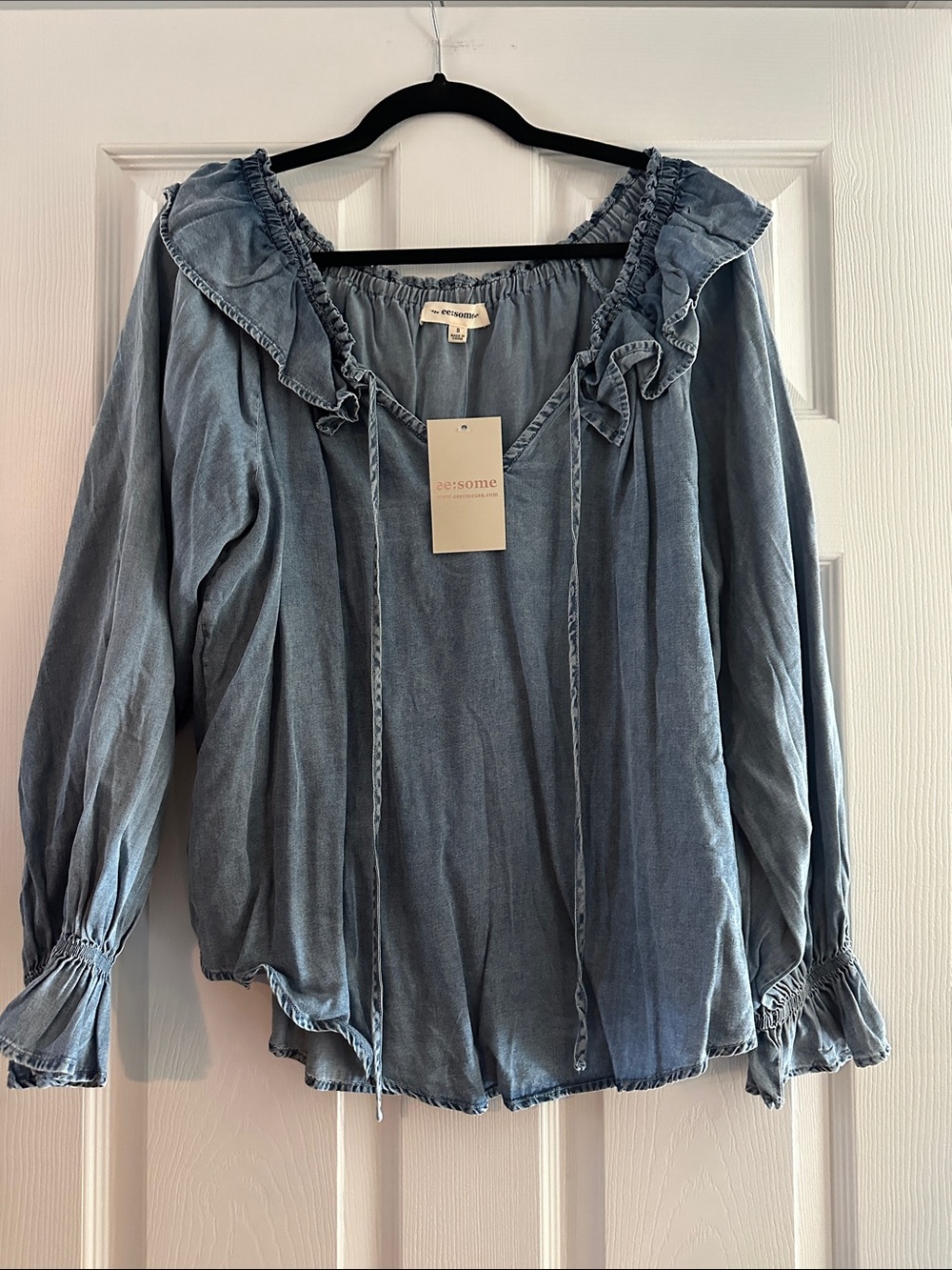 Washed Blue Ruffle-Trim Peasant Blouse